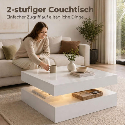 LED Coffee Table With Storage, 2-Tier, High Gloss White