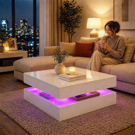 LED Coffee Table With Storage, 2-Tier, High Gloss White