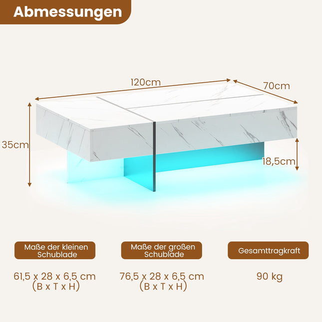 LED-Couchtisch mit 3 Schubladen, Hochglanz Weiß