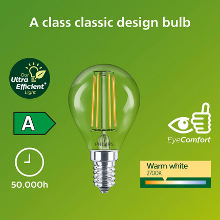 LED E14 globe P45 2.3W (40W) čirá 485lm 2700K energetická třída A