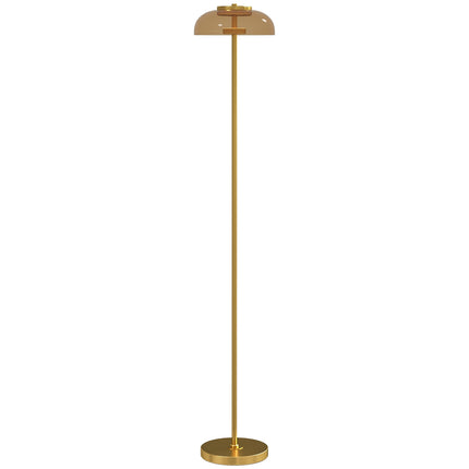 LED stojací lampa, teplé světlo 3000K, mosazný vzhled, nožní vypínač