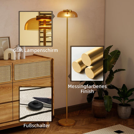 LED stojací lampa, teplé světlo 3000K, mosazný vzhled, nožní vypínač