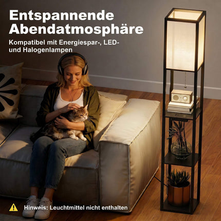 LED-Stehlampe mit 3 Ablagen, dimmbar, USB, Steckdose, Schwarz