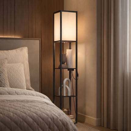 LED-Stehlampe mit 3 Ablagen, dimmbar, USB, Steckdose, Schwarz