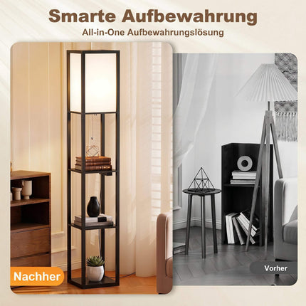 LED-Stehlampe mit 3 Ablagen, dimmbar, USB, Steckdose, Schwarz