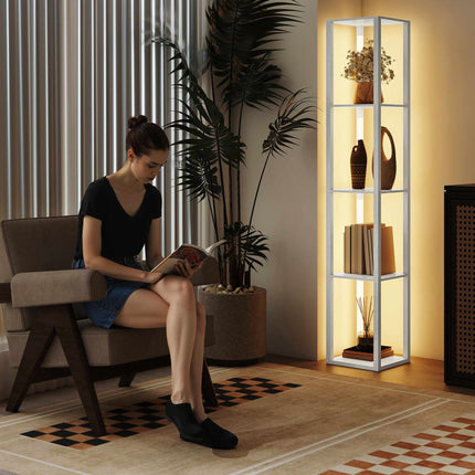 LED Floor Lamp with 4 Shelves, Dimmable, 3 Brightness Levels, Foot Switch, White