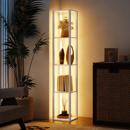 LED Floor Lamp with 4 Shelves, Dimmable, 3 Brightness Levels, Foot Switch, White