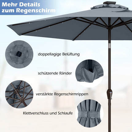 LED-Beleuchtung Ampelschirm Runder Sonnenschirm Solarbetriebener Gartenschirm Kurbel Grau