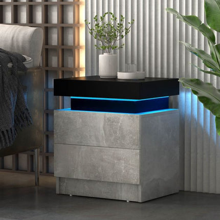 Nachttisch mit LED-Beleuchtung, Kunstmarmor, 2 Schubladen, Fernbedienung