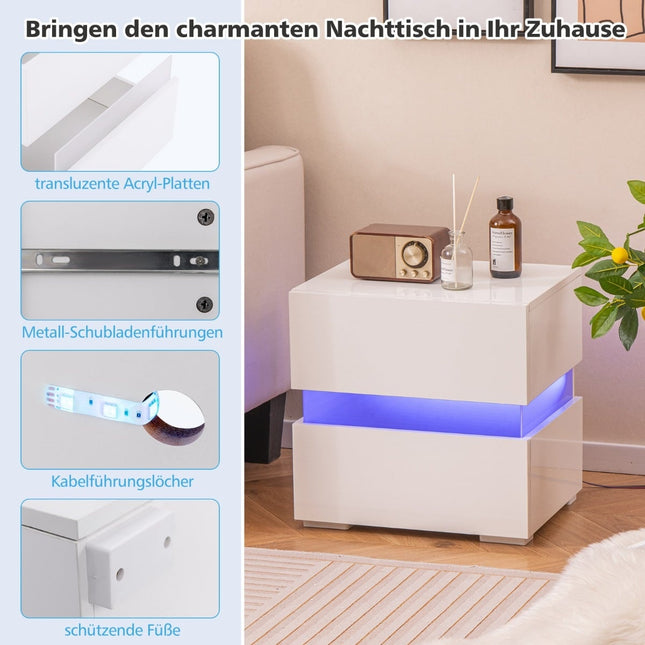LED-Nachttisch-Set mit 2 Schubladen, Weiß, Fernbedienung