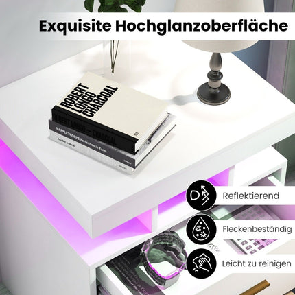 LED Nightstand with 2 Drawers, High Gloss, Remote Control