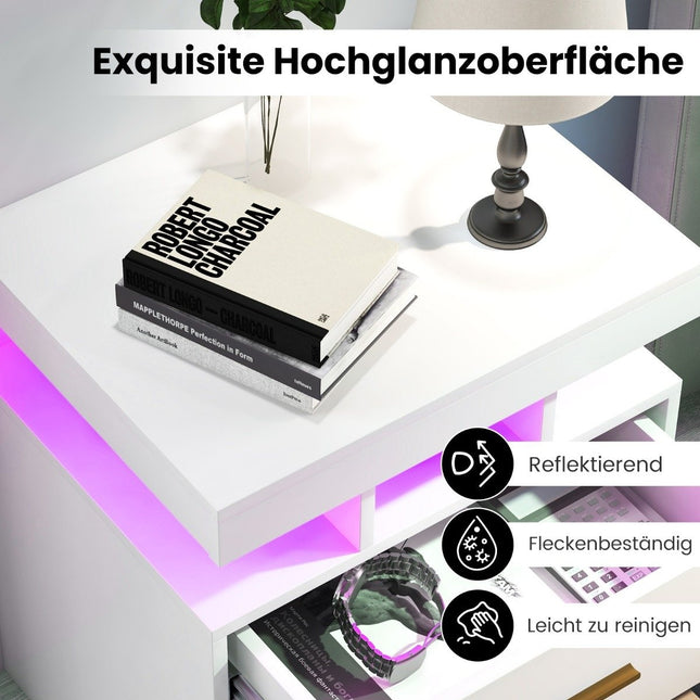LED-Nachttisch mit 2 Schubladen, Hochglanz, Fernbedienung