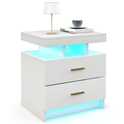 LED Nightstand with 2 Drawers, High Gloss, Remote Control