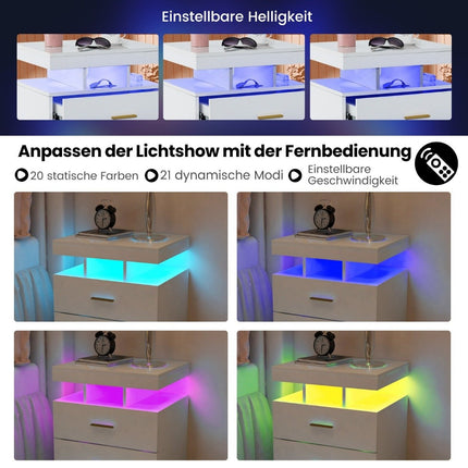 LED Nightstand with 2 Drawers, High Gloss, Remote Control