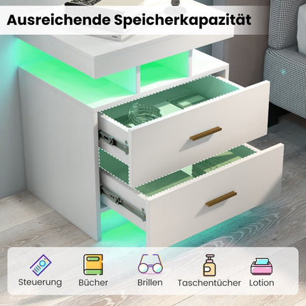 LED Nightstand with 2 Drawers, High Gloss, Remote Control
