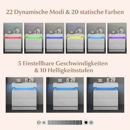 LED-Nachttisch mit 2 Schubladen, weißes MDF, modernes Design