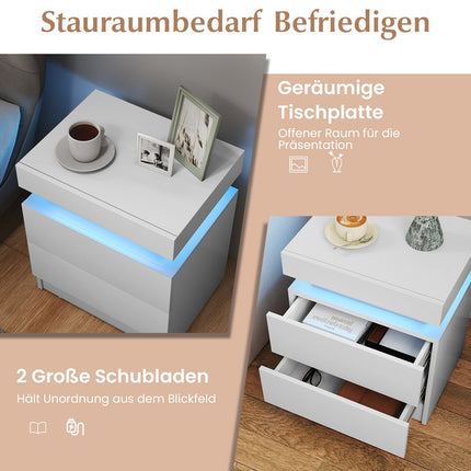LED-Nachttisch mit 2 Schubladen, weißes MDF, modernes Design
