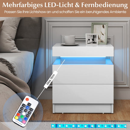 LED-Nachttisch mit 2 Schubladen, weißes MDF, modernes Design