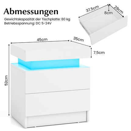 LED-Nachttisch mit 2 Schubladen, weißes MDF, modernes Design