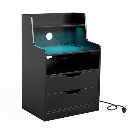 LED Nightstand with Charging Station, 2 Drawers, Black