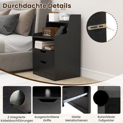LED Nightstand with Charging Station, 2 Drawers, Black