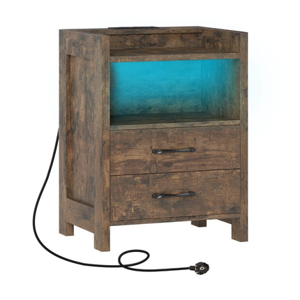 LED Nightstand with Charging Station, 2 Drawers, Rustic Brown