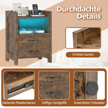 LED Nightstand with Charging Station, 2 Drawers, Rustic Brown