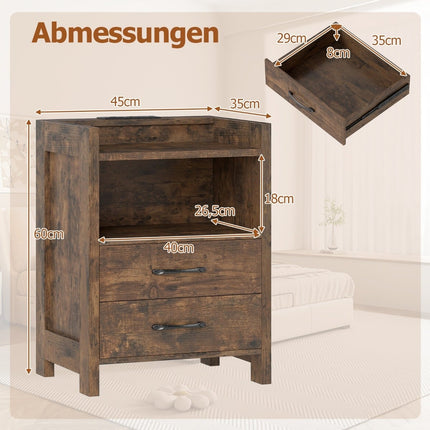 LED Nightstand with Charging Station, 2 Drawers, Rustic Brown