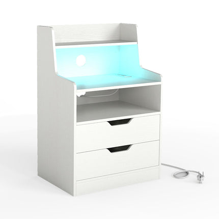 LED-Nachttisch mit Ladestation, 2 Schubladen, Weiß