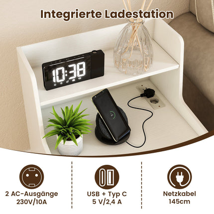 LED-Nachttisch mit Ladestation, 2 Schubladen, Weiß