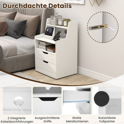 LED-Nachttisch mit Ladestation, 2 Schubladen, Weiß