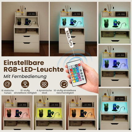 LED-Nachttisch mit Ladestation, 2 Schubladen, Weiß