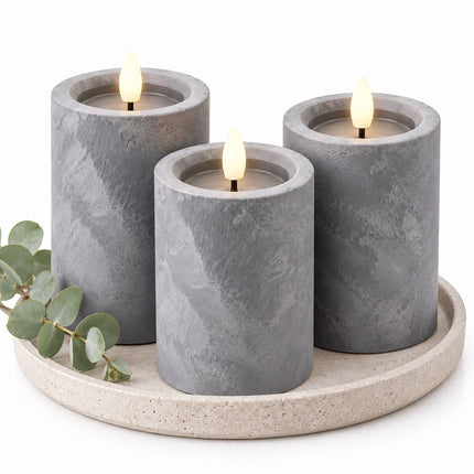 LED Pillar Candles Set of 3 with 6-Hour Timer, Concrete Effect, Grey