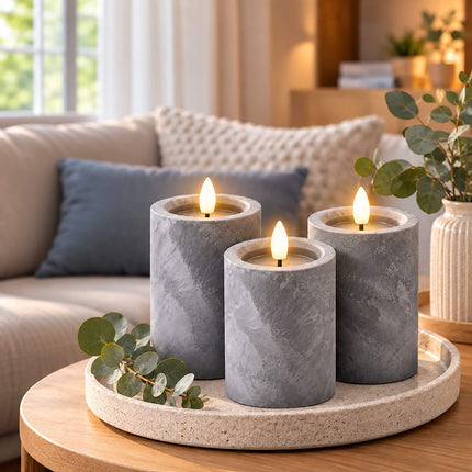 LED Pillar Candles Set of 3 with 6-Hour Timer, Concrete Effect, Grey