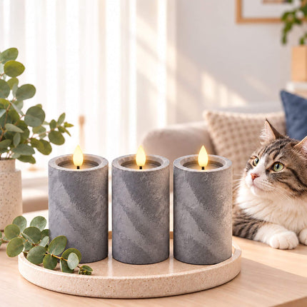 LED Pillar Candles Set of 3 with 6-Hour Timer, Concrete Effect, Grey