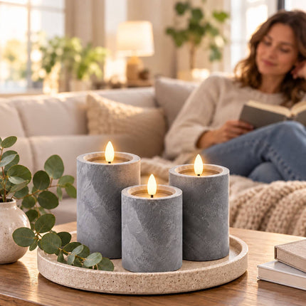 LED Pillar Candles Set of 3 with 6-Hour Timer, Concrete Effect, Grey