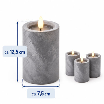 LED Pillar Candles Set of 3 with 6-Hour Timer, Concrete Effect, Grey