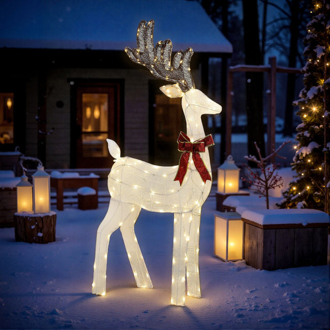 LED Rentier mit roter Schleife, 137 Lichter, wetterfest, 66x25x135 cm
