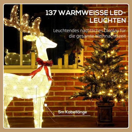 LED Rentier mit roter Schleife, 137 Lichter, wetterfest, 66x25x135 cm