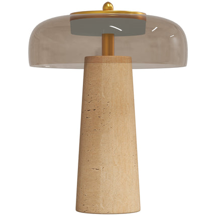 LED Table Lamp with Travertine Base and Tinted Glass Shade, 3000K, Amber