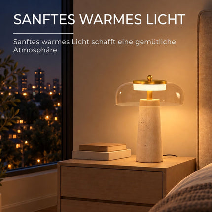 LED Table Lamp with Travertine Base and Tinted Glass Shade, 3000K, Amber