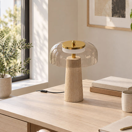 LED Table Lamp with Travertine Base and Tinted Glass Shade, 3000K, Amber