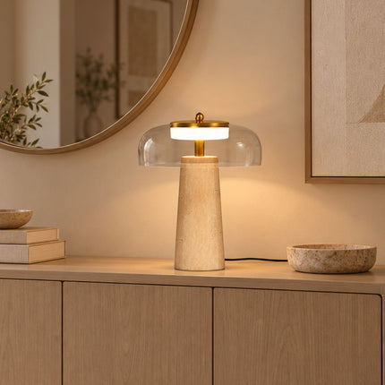 LED Table Lamp with Travertine Base and Tinted Glass Shade, 3000K, Amber