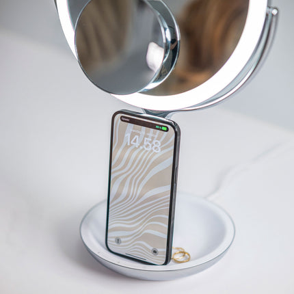 LED Vanity Mirror With Qi Wireless Charger, 8-Inch