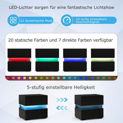 LED bedside table with 2 drawers & remote control & dynamic/static illuminated nightstand