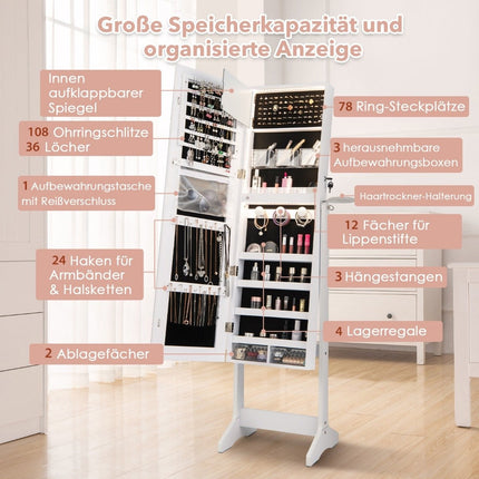 LED jewelry cabinet with full-length mirror and make-up mirror 41 x 37 x 156 cm white