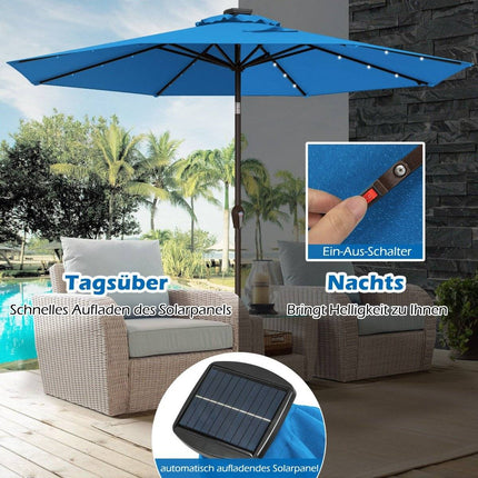 LED-Beleuchtung Ampelschirm rund Sonnenschirm Solar Gartenschirm Kurbel blau