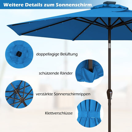 LED-Beleuchtung Ampelschirm rund Sonnenschirm Solar Gartenschirm Kurbel blau