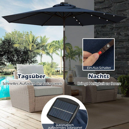 LED-Beleuchtung Ampelschirm rund Sonnenschirm Solar Gartenschirm Kurbel dunkelblau