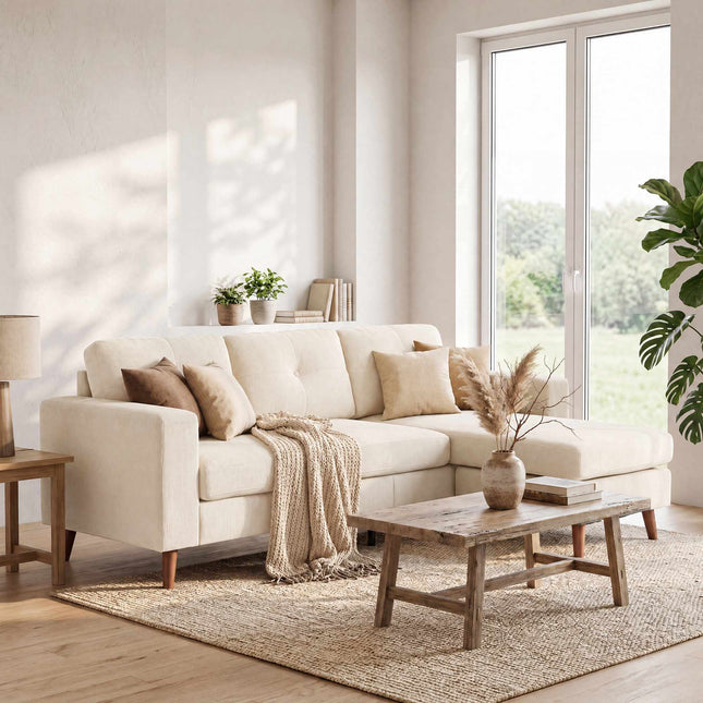 L-förmiges Sofa mit umkehrbarer Recamiere, Kordstoff, Cremeweiß